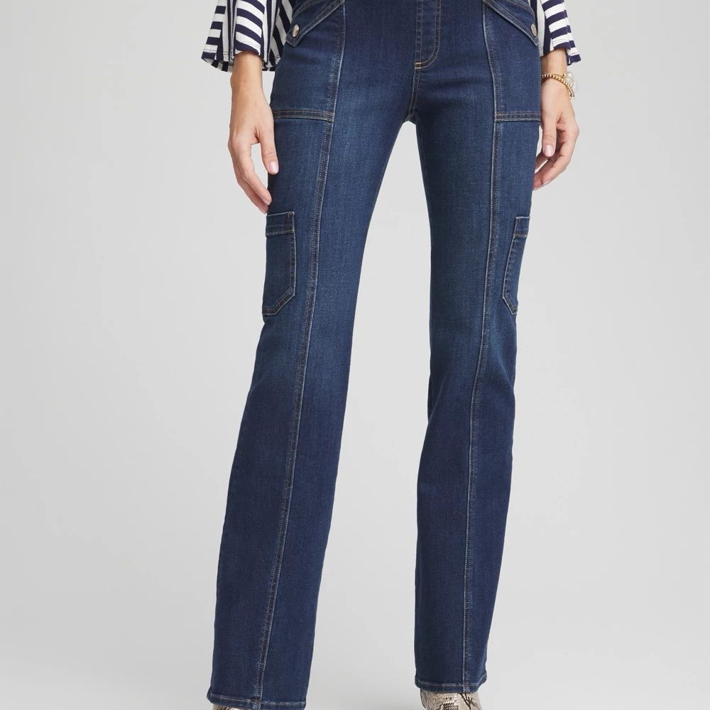 Chico's Blue Flare Wide Leg Jeans with Seam Detailing